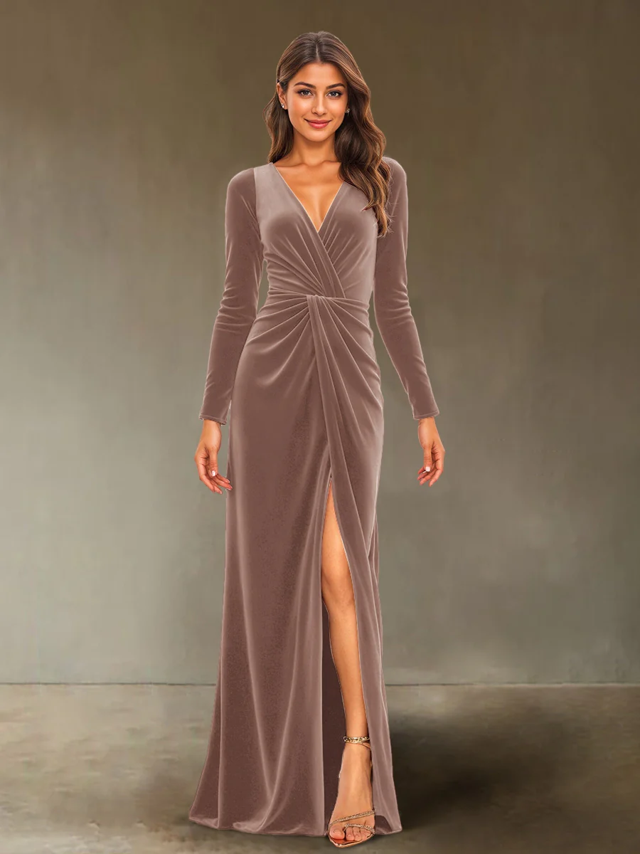 Sheath/Column V-Neck Long Sleeves Velvet Ruched Evening Dresses with Side Slit - Image 28
