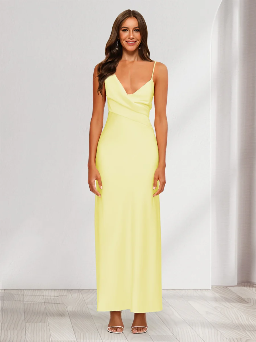 Sheath/Column V-Neck Ruched Ankle-Length Satin Evening Dresses - Image 10
