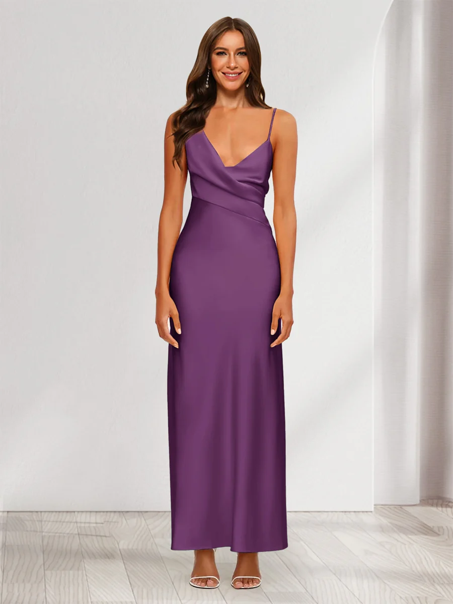 Sheath/Column V-Neck Ruched Ankle-Length Satin Evening Dresses - Image 23