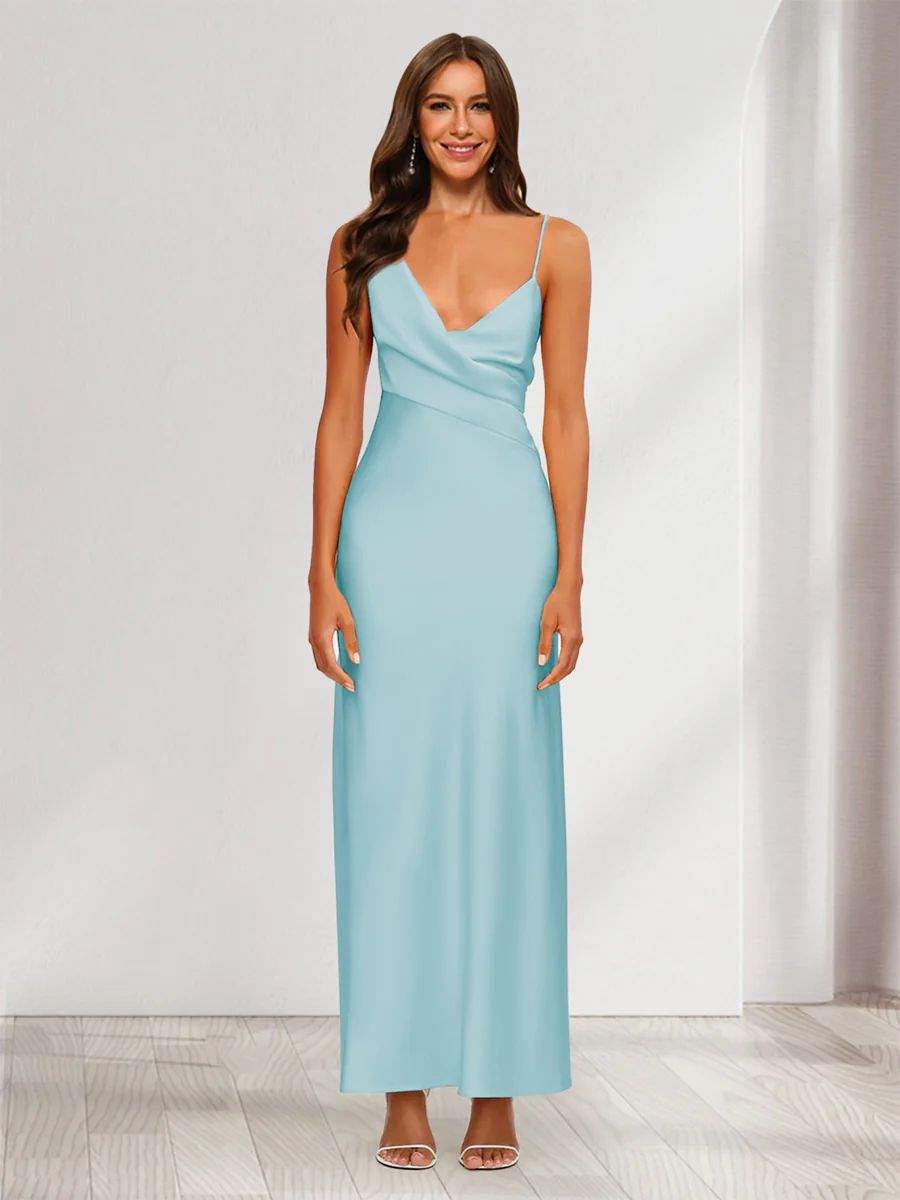 Sheath/Column V-Neck Ruched Ankle-Length Satin Evening Dresses - Image 29