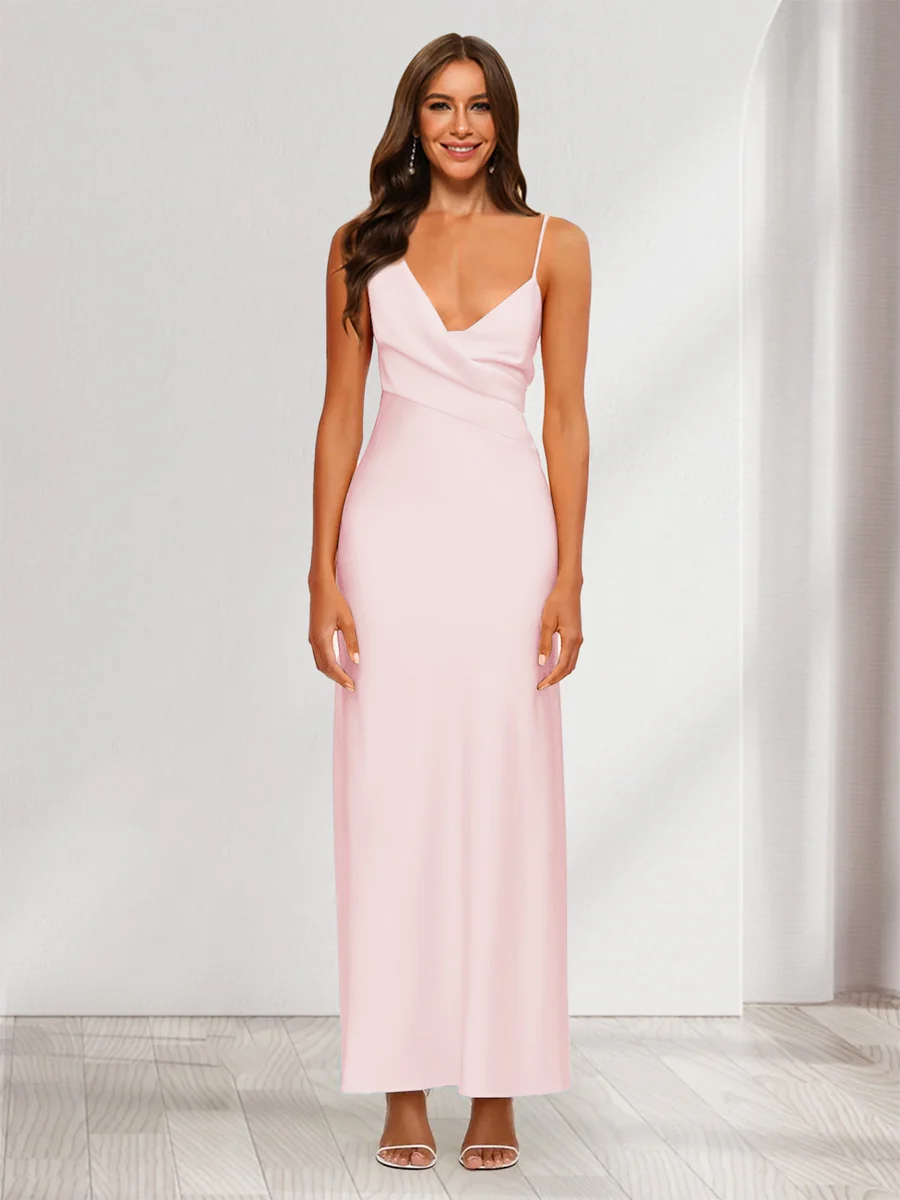 Sheath/Column V-Neck Ruched Ankle-Length Satin Evening Dresses - Image 32