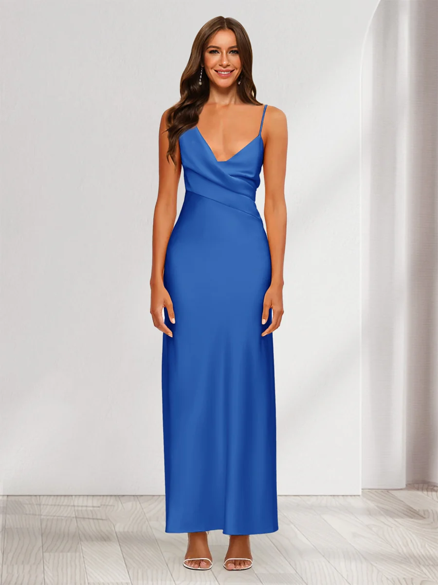 Sheath/Column V-Neck Ruched Ankle-Length Satin Evening Dresses - Image 34