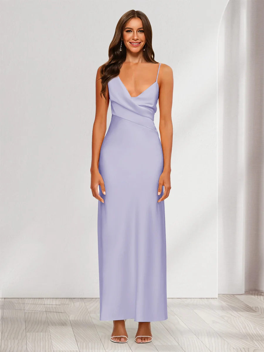 Sheath/Column V-Neck Ruched Ankle-Length Satin Evening Dresses - Image 36