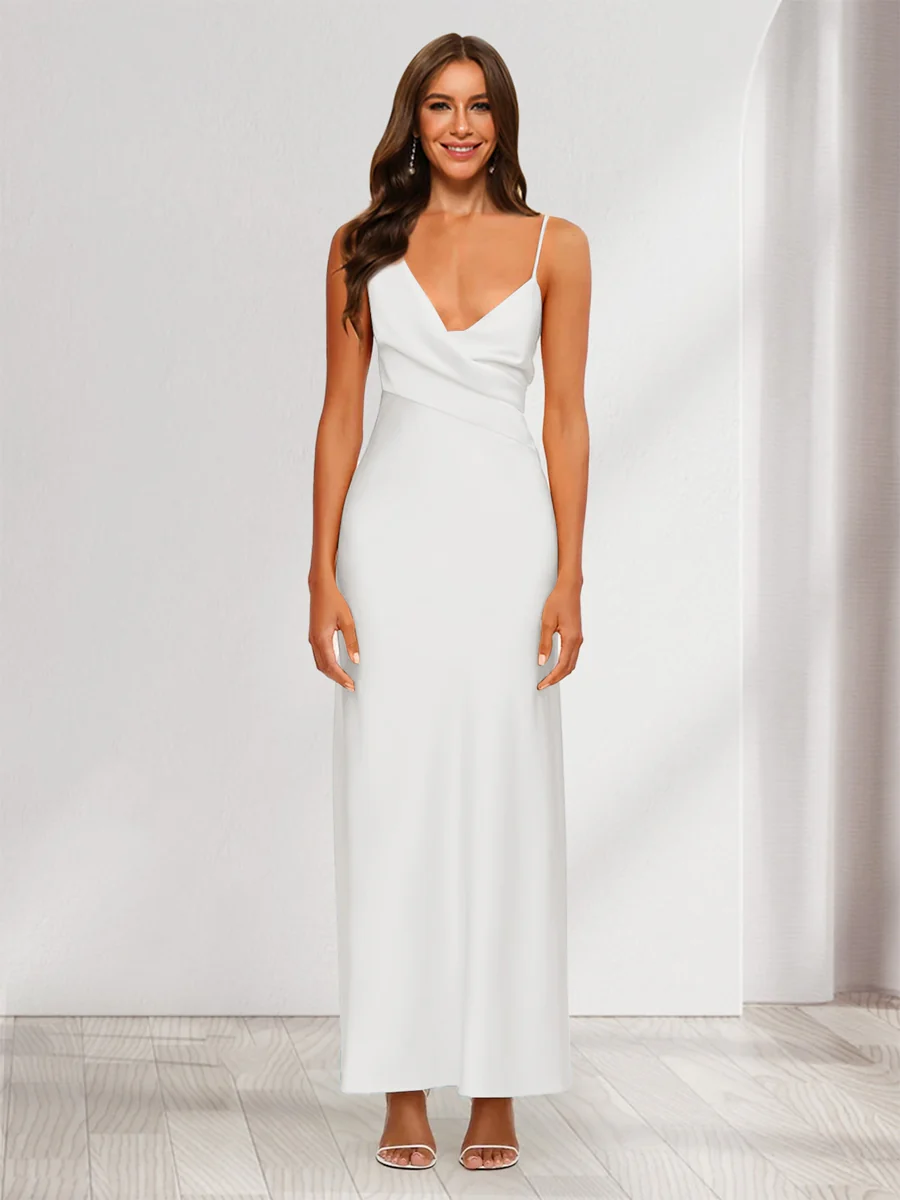 Sheath/Column V-Neck Ruched Ankle-Length Satin Evening Dresses - Image 41