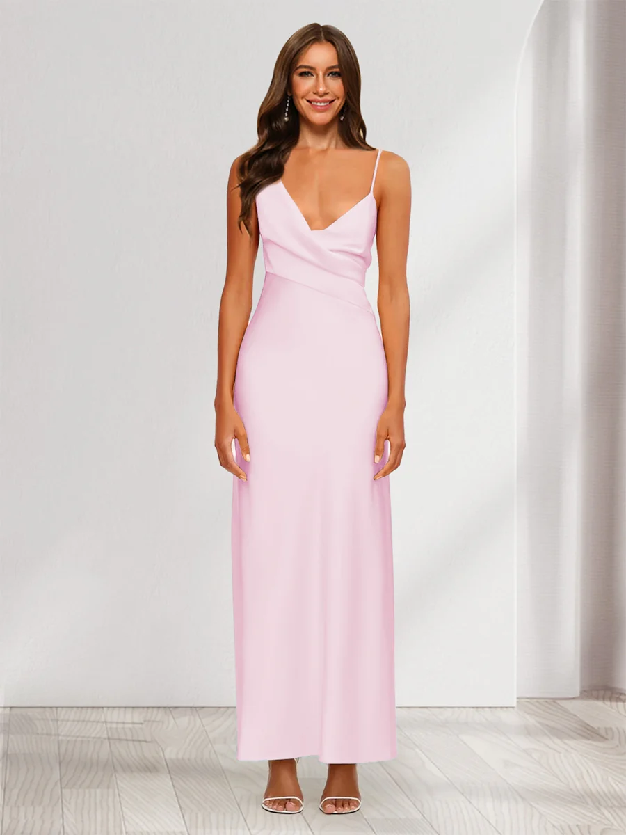 Sheath/Column V-Neck Ruched Ankle-Length Satin Evening Dresses - Image 47