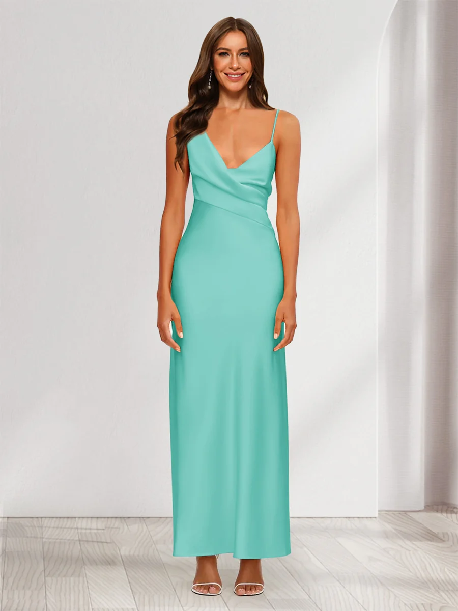 Sheath/Column V-Neck Ruched Ankle-Length Satin Evening Dresses - Image 62