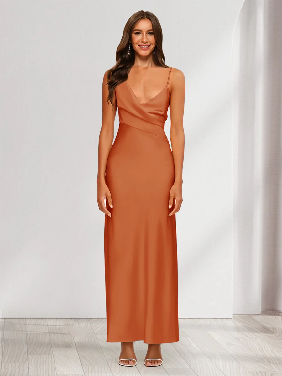 Sheath/Column V-Neck Ruched Ankle-Length Satin Evening Dresses - Image 9