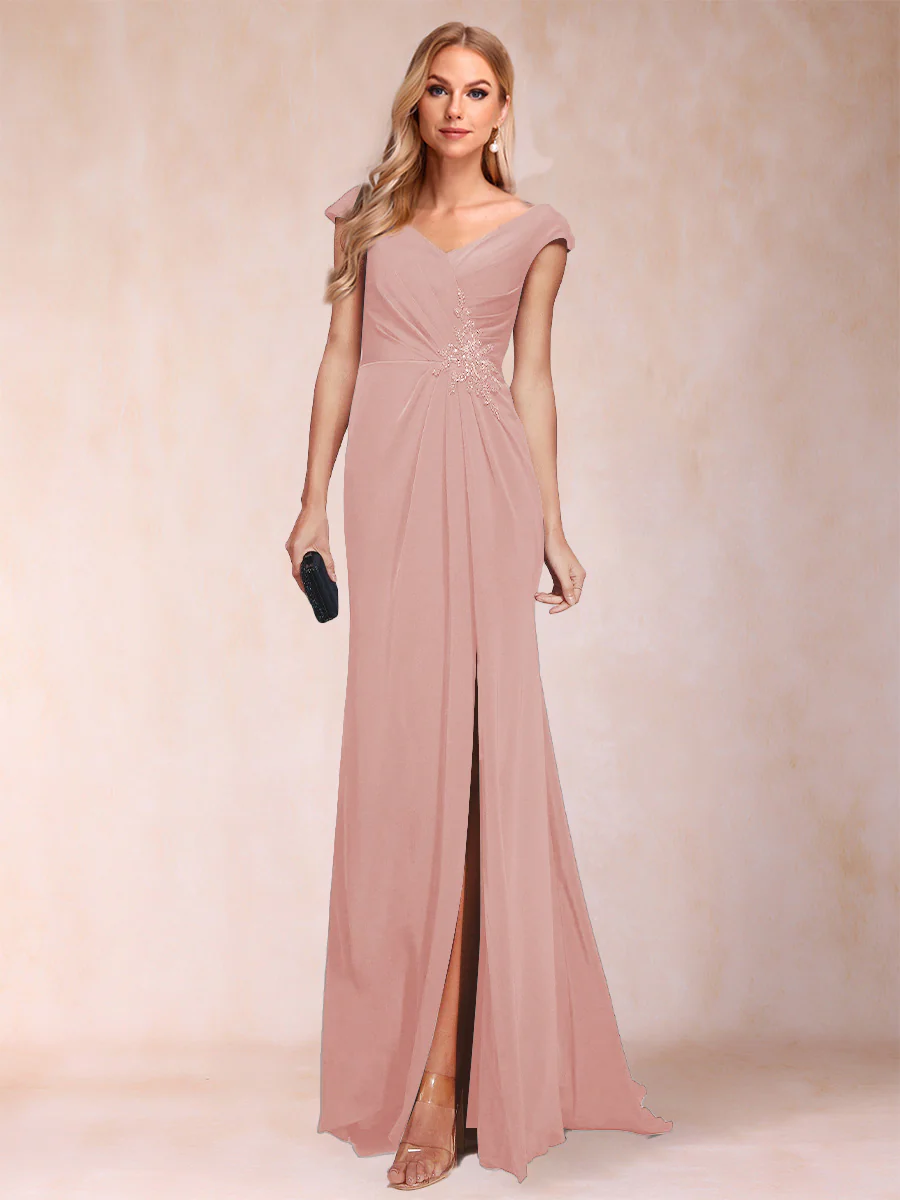 Sheath/Column V-Neck Ruched Mother of the Bride Dresses with Appliques & Split Side - Image 11