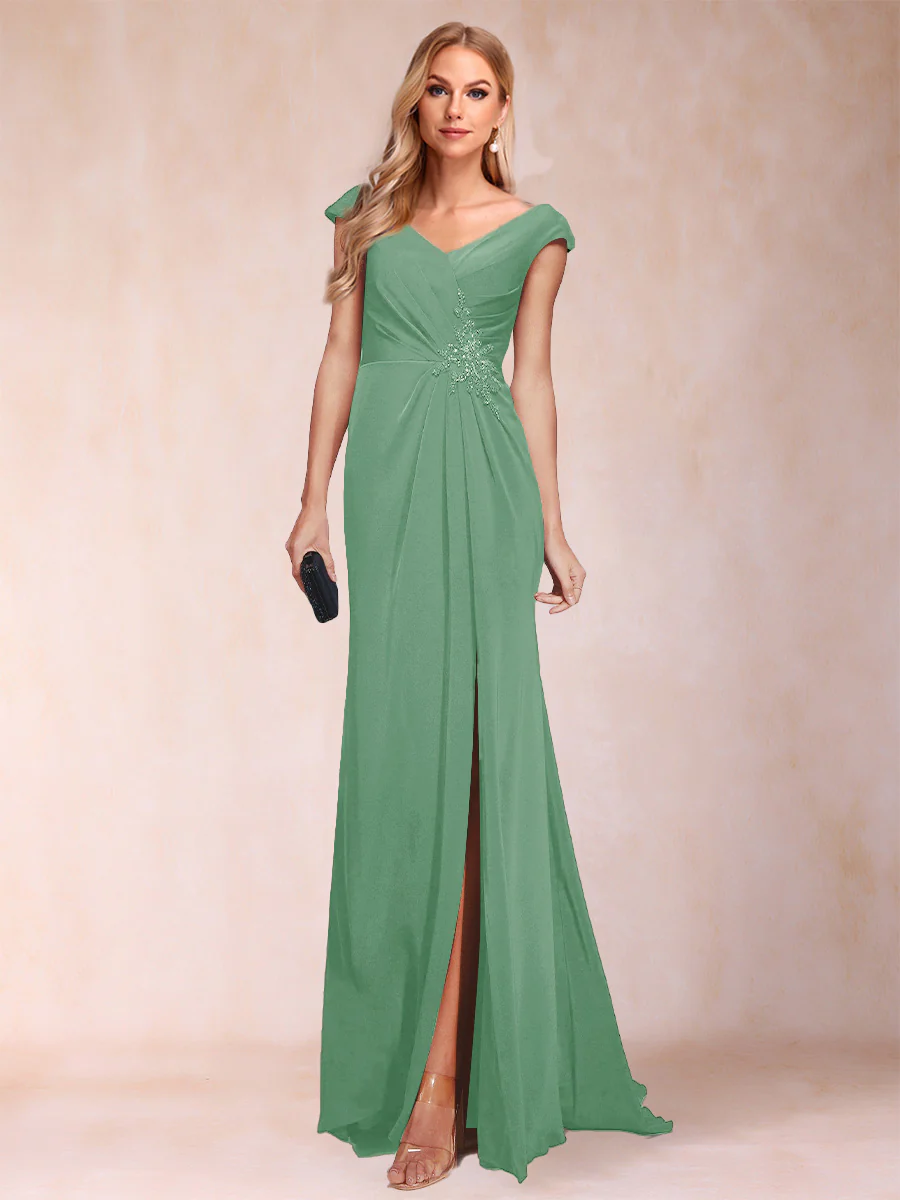 Sheath/Column V-Neck Ruched Mother of the Bride Dresses with Appliques & Split Side - Image 13