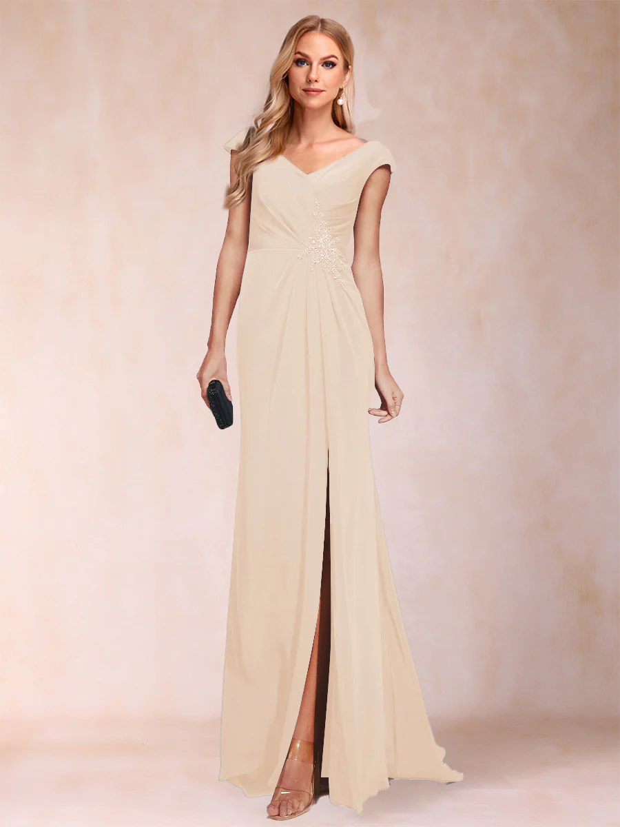 Sheath/Column V-Neck Ruched Mother of the Bride Dresses with Appliques & Split Side - Image 20