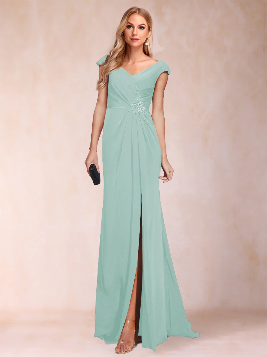 Sheath/Column V-Neck Ruched Mother of the Bride Dresses with Appliques & Split Side - Image 25