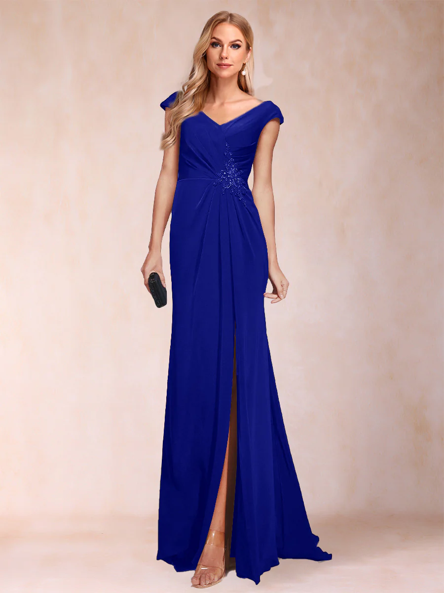 Sheath/Column V-Neck Ruched Mother of the Bride Dresses with Appliques & Split Side - Image 33