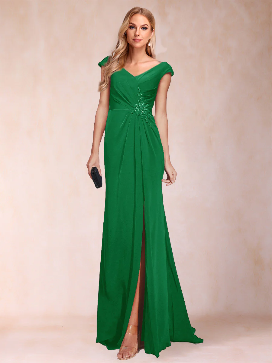 Sheath/Column V-Neck Ruched Mother of the Bride Dresses with Appliques & Split Side - Image 53