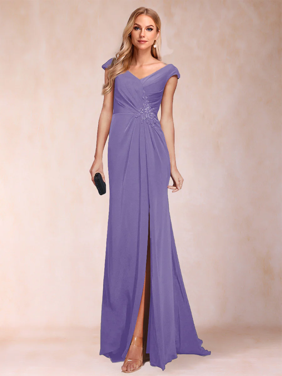 Sheath/Column V-Neck Ruched Mother of the Bride Dresses with Appliques & Split Side - Image 56
