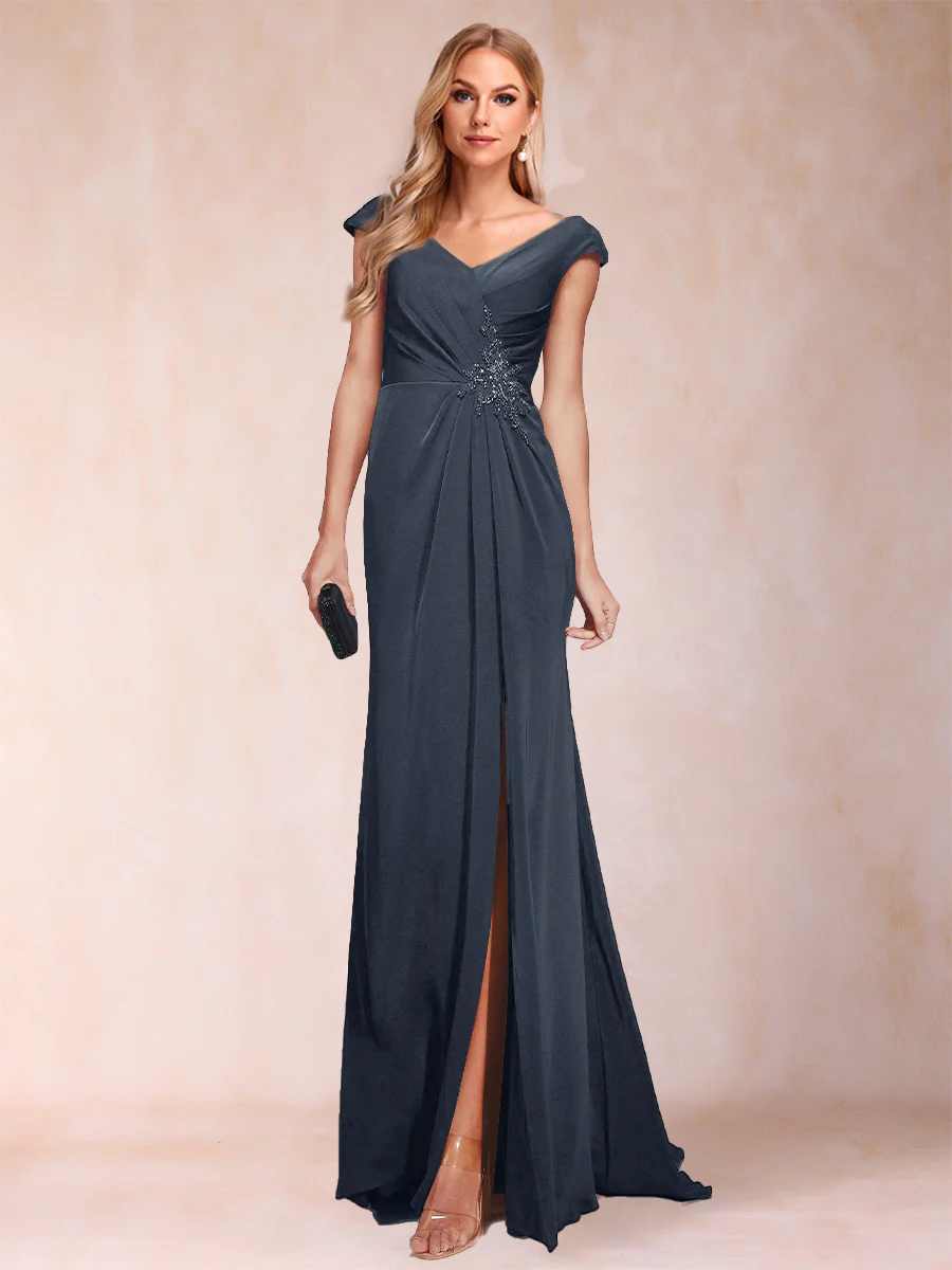 Sheath/Column V-Neck Ruched Mother of the Bride Dresses with Appliques & Split Side - Image 60