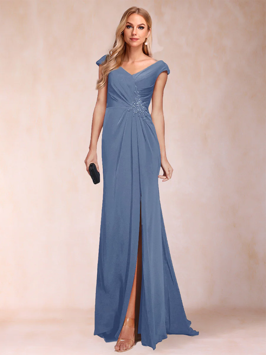 Sheath/Column V-Neck Ruched Mother of the Bride Dresses with Appliques & Split Side - Image 70