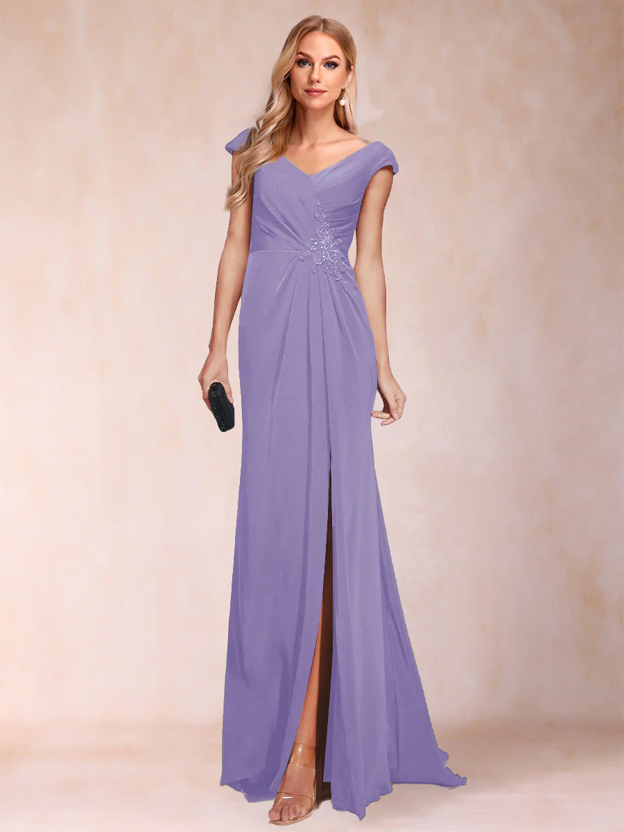 Sheath/Column V-Neck Ruched Mother of the Bride Dresses with Appliques & Split Side - Image 72