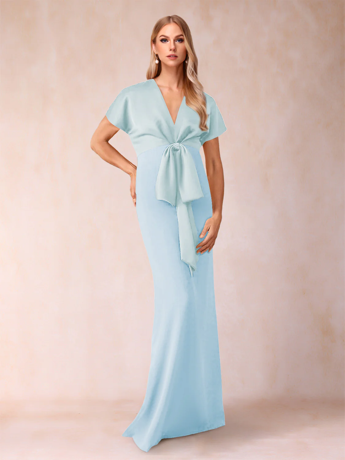 Sheath/Column V-Neck Short Sleeves Mother of the Bride Dresses with Bow Knot - Image 13