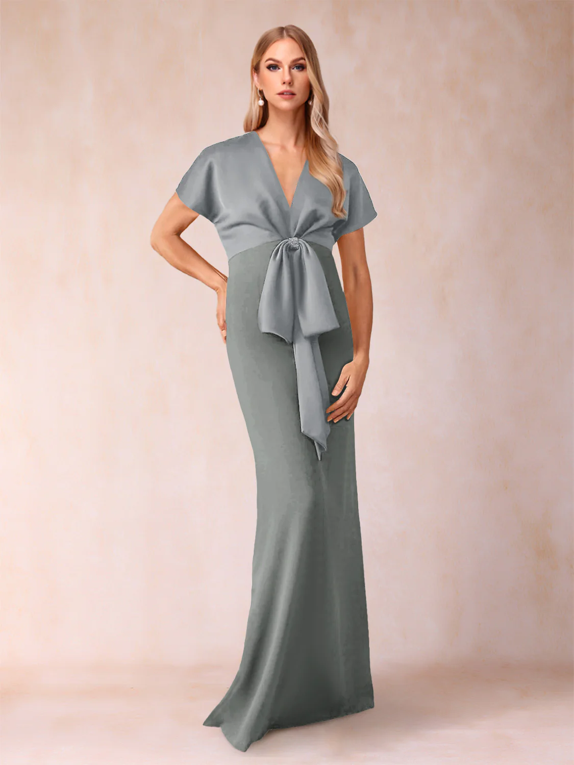 Sheath/Column V-Neck Short Sleeves Mother of the Bride Dresses with Bow Knot - Image 33