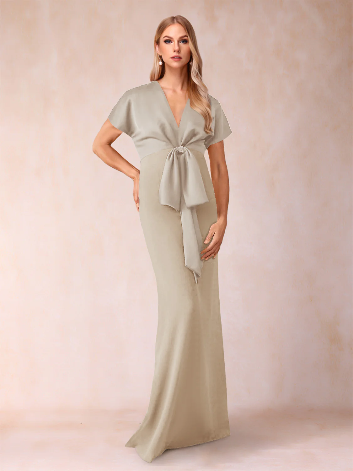Sheath/Column V-Neck Short Sleeves Mother of the Bride Dresses with Bow Knot - Image 36