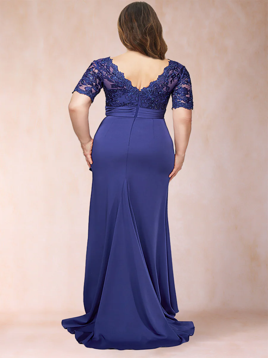 Sheath/Column V-Neck Short Sleeves Plus Size Mother of the Bride Dresses with Appliques & Ruffles - Image 2