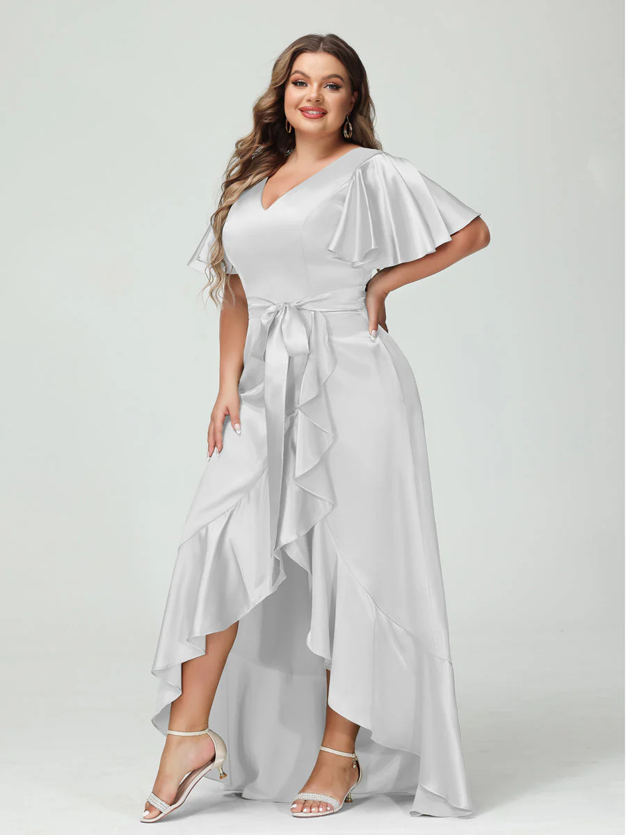 Sheath/Column V-Neck Short Sleeves Ruffles Asymmetrical Plus Size Dresses with Pockets & Sash - Image 17