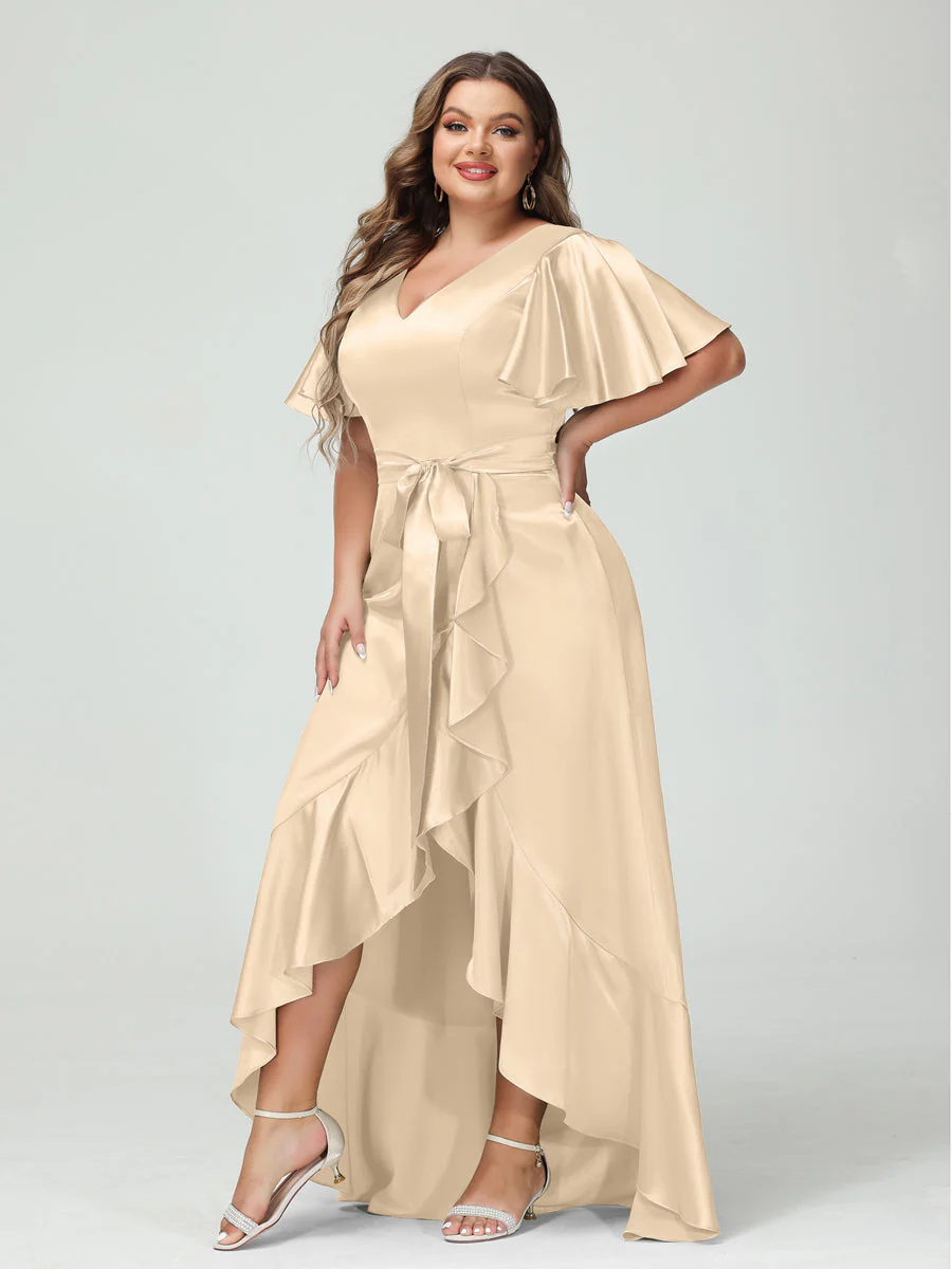 Sheath/Column V-Neck Short Sleeves Ruffles Asymmetrical Plus Size Dresses with Pockets & Sash - Image 18