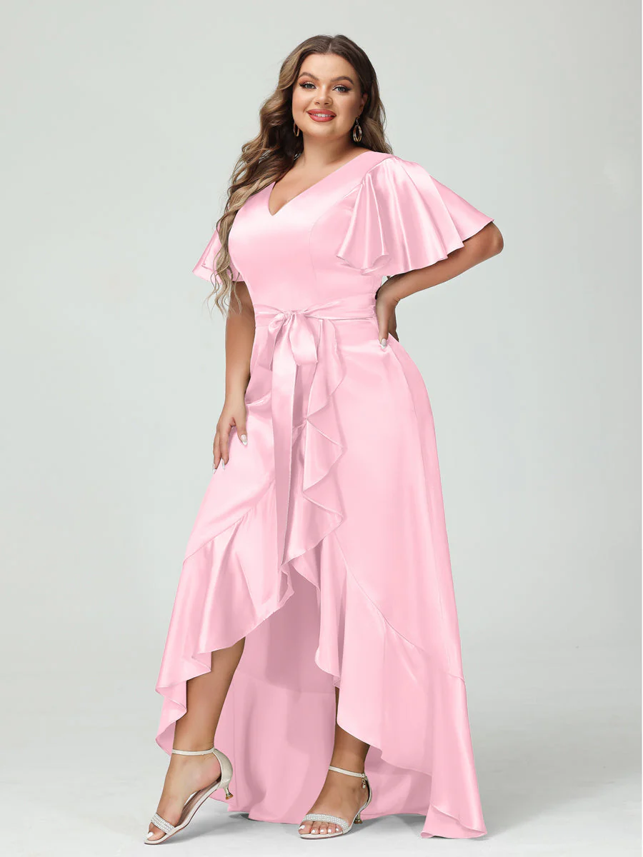 Sheath/Column V-Neck Short Sleeves Ruffles Asymmetrical Plus Size Dresses with Pockets & Sash - Image 20