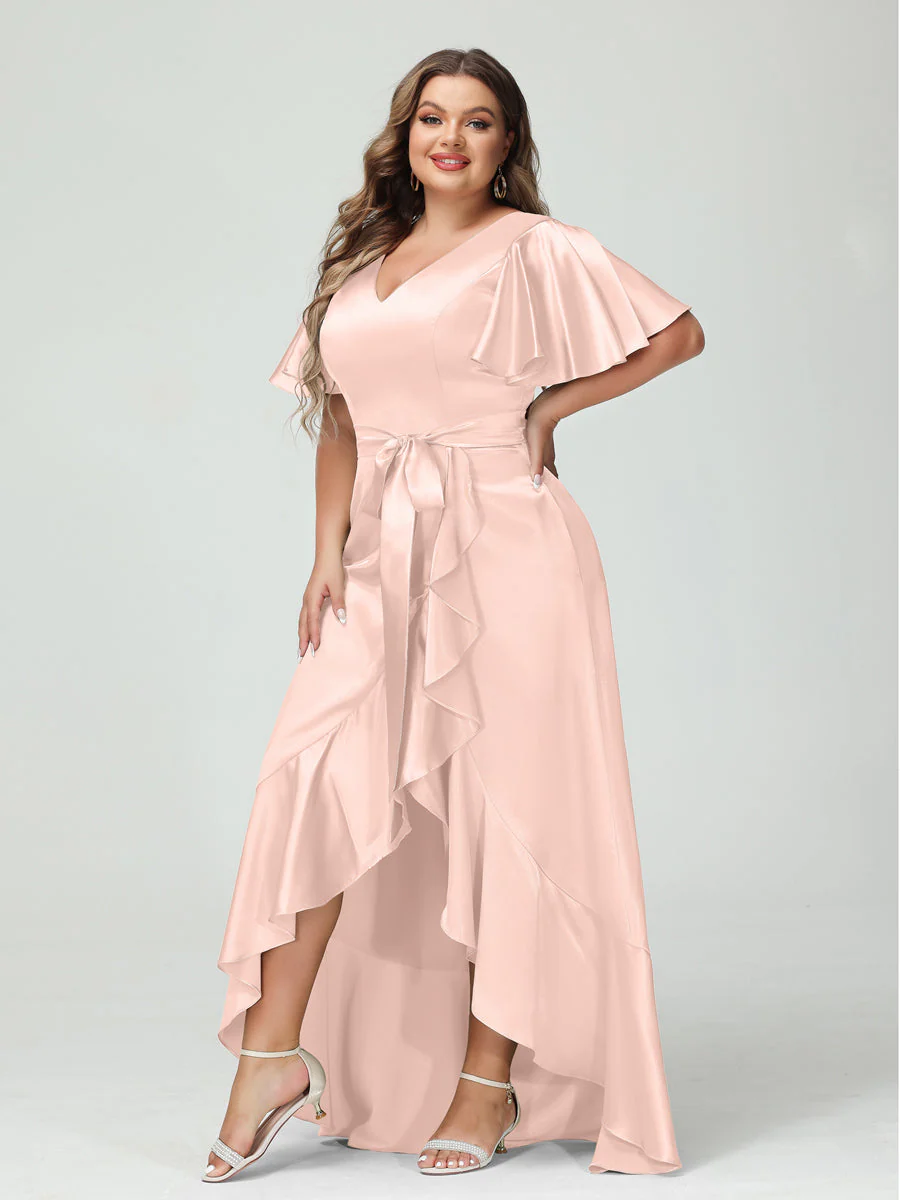 Sheath/Column V-Neck Short Sleeves Ruffles Asymmetrical Plus Size Dresses with Pockets & Sash - Image 21