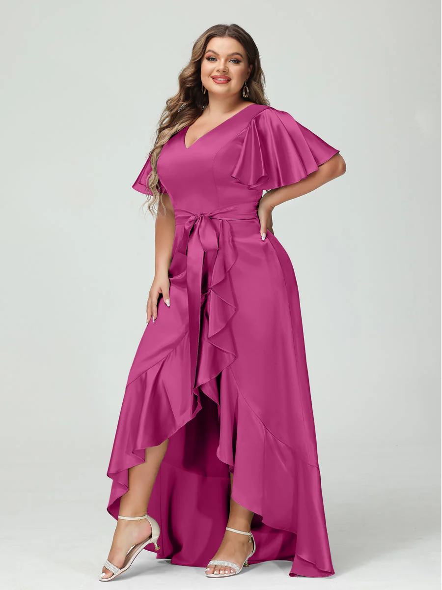 Sheath/Column V-Neck Short Sleeves Ruffles Asymmetrical Plus Size Dresses with Pockets & Sash - Image 28