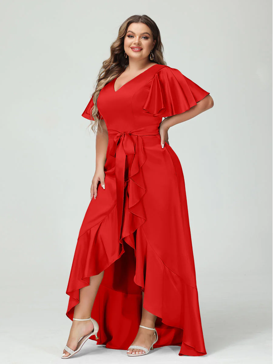 Sheath/Column V-Neck Short Sleeves Ruffles Asymmetrical Plus Size Dresses with Pockets & Sash - Image 29