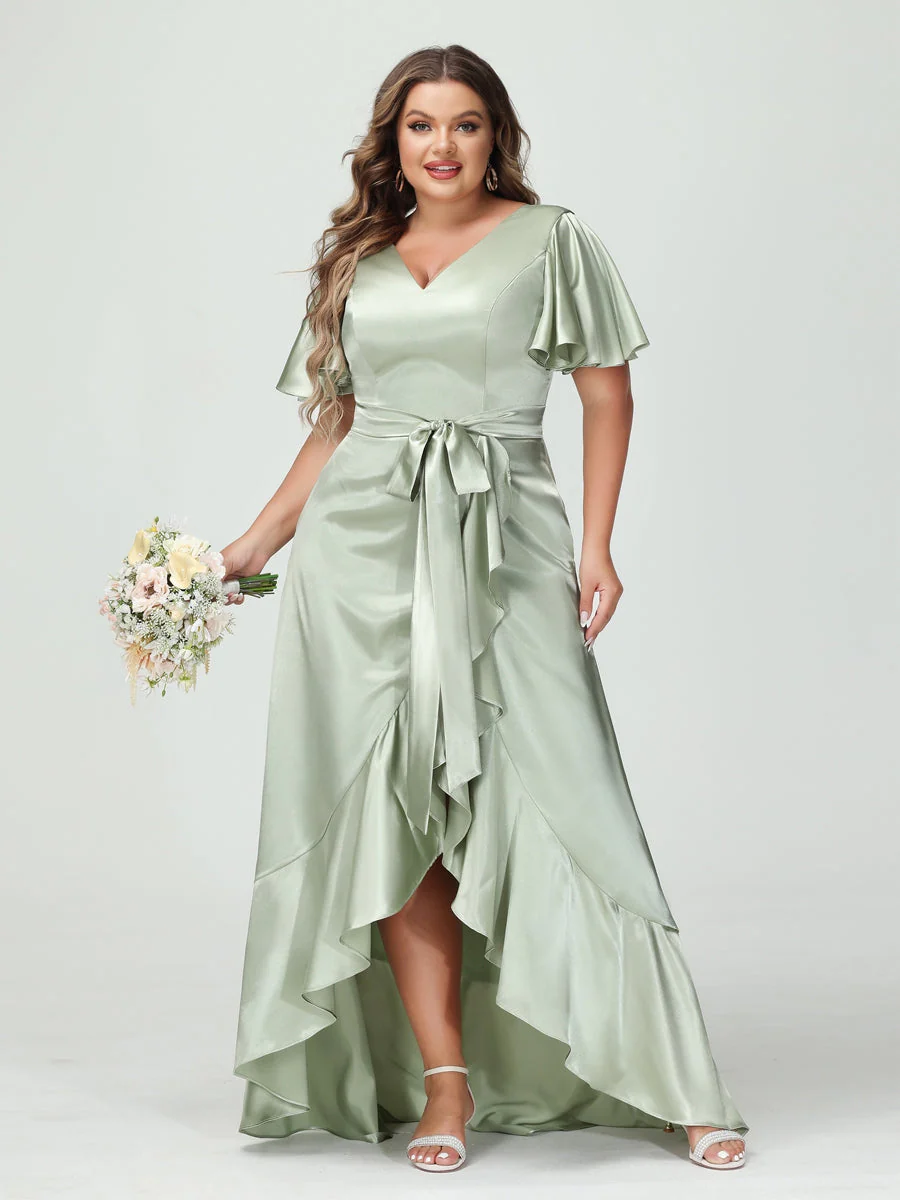 Sheath/Column V-Neck Short Sleeves Ruffles Asymmetrical Plus Size Dresses with Pockets & Sash - Image 3