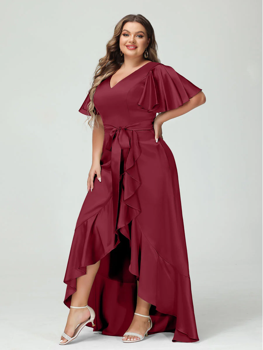 Sheath/Column V-Neck Short Sleeves Ruffles Asymmetrical Plus Size Dresses with Pockets & Sash - Image 30