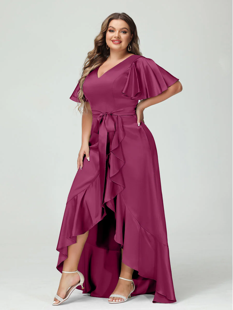 Sheath/Column V-Neck Short Sleeves Ruffles Asymmetrical Plus Size Dresses with Pockets & Sash - Image 33