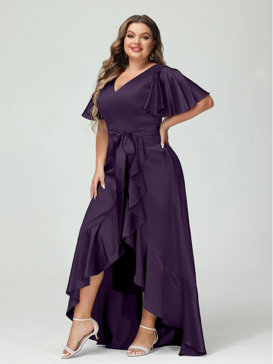 Sheath/Column V-Neck Short Sleeves Ruffles Asymmetrical Plus Size Dresses with Pockets & Sash - Image 35