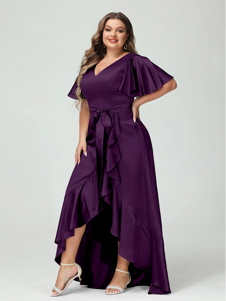 Sheath/Column V-Neck Short Sleeves Ruffles Asymmetrical Plus Size Dresses with Pockets & Sash - Image 36