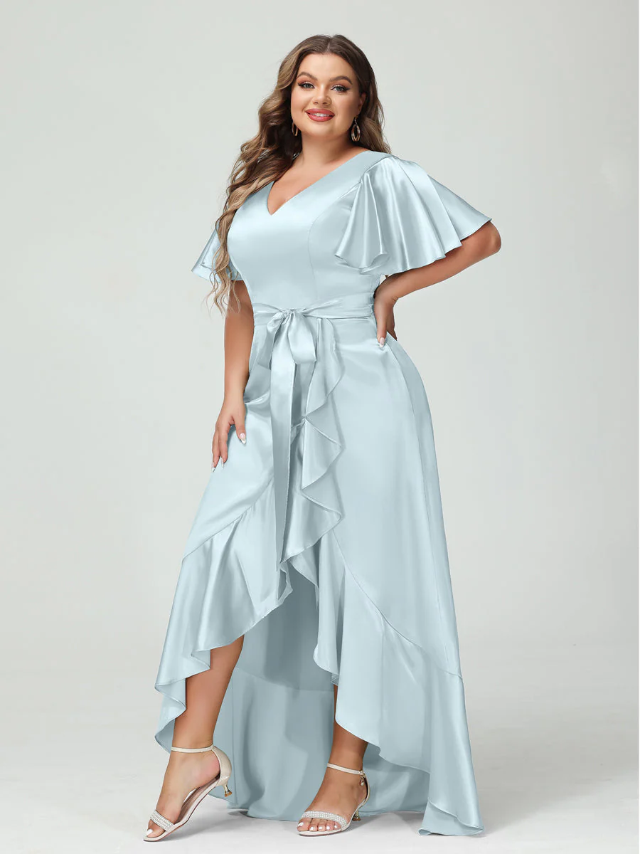 Sheath/Column V-Neck Short Sleeves Ruffles Asymmetrical Plus Size Dresses with Pockets & Sash - Image 37