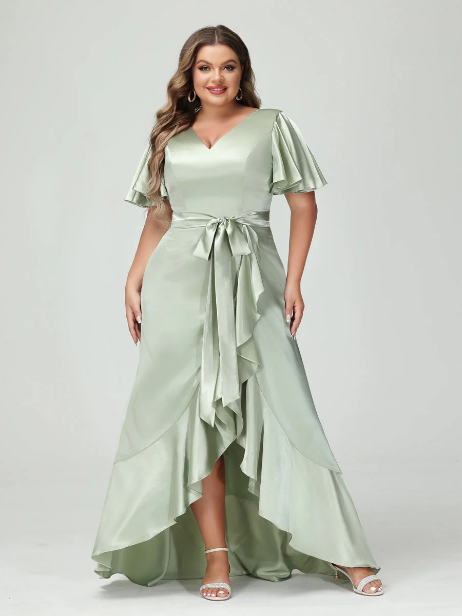Sheath/Column V-Neck Short Sleeves Ruffles Asymmetrical Plus Size Dresses with Pockets & Sash - Image 4