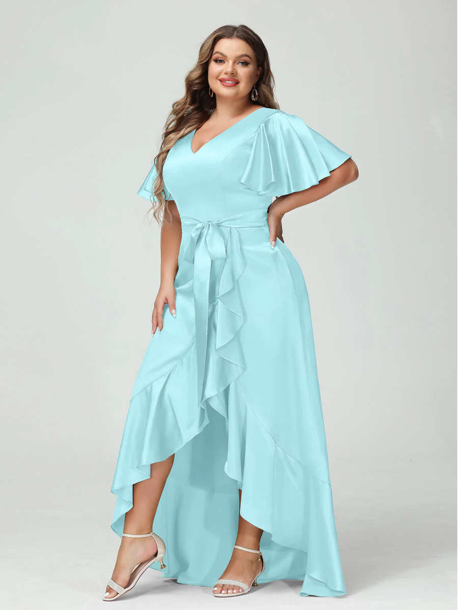 Sheath/Column V-Neck Short Sleeves Ruffles Asymmetrical Plus Size Dresses with Pockets & Sash - Image 40