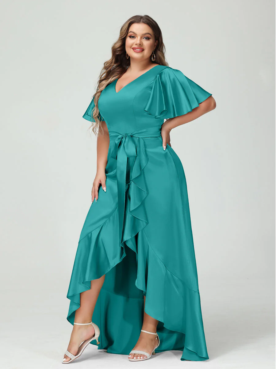 Sheath/Column V-Neck Short Sleeves Ruffles Asymmetrical Plus Size Dresses with Pockets & Sash - Image 41