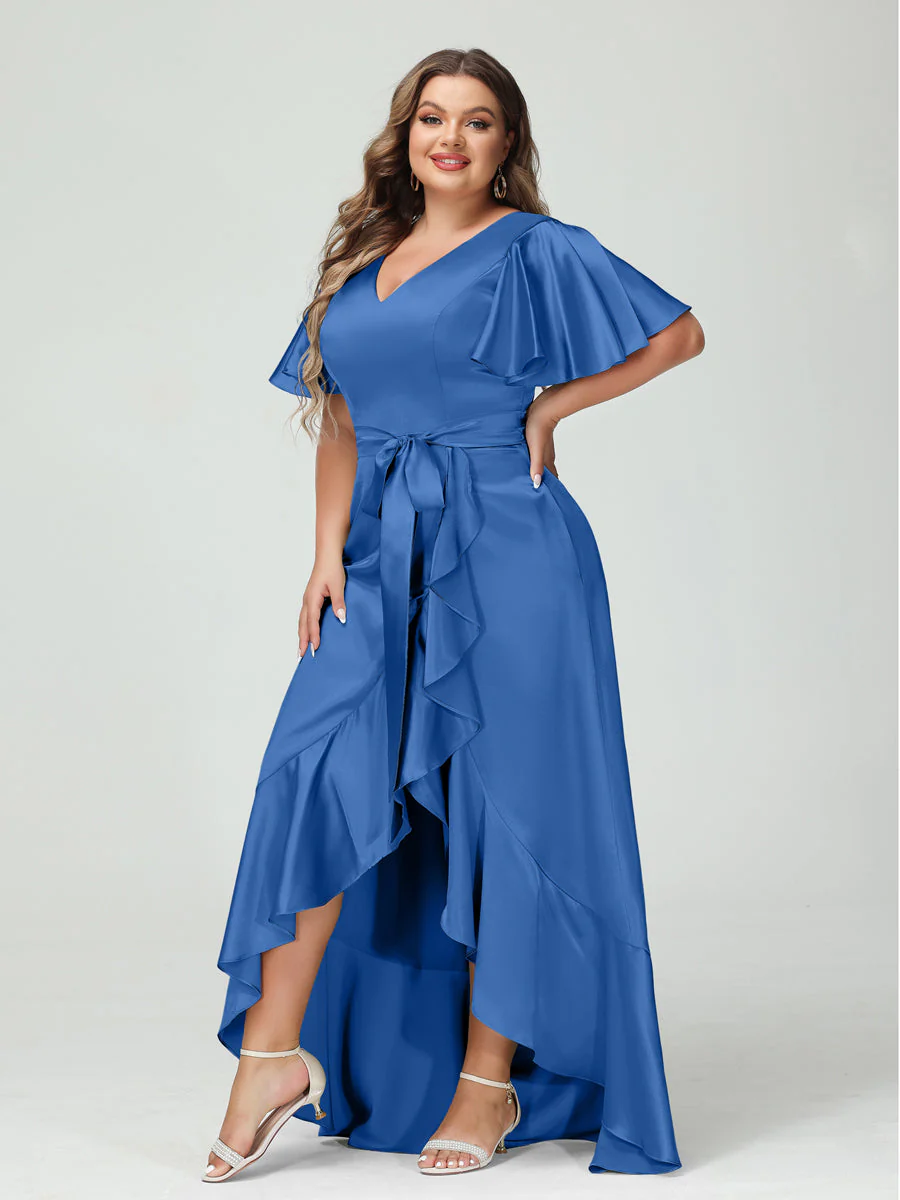 Sheath/Column V-Neck Short Sleeves Ruffles Asymmetrical Plus Size Dresses with Pockets & Sash - Image 42