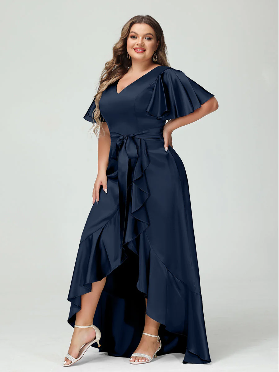 Sheath/Column V-Neck Short Sleeves Ruffles Asymmetrical Plus Size Dresses with Pockets & Sash - Image 45