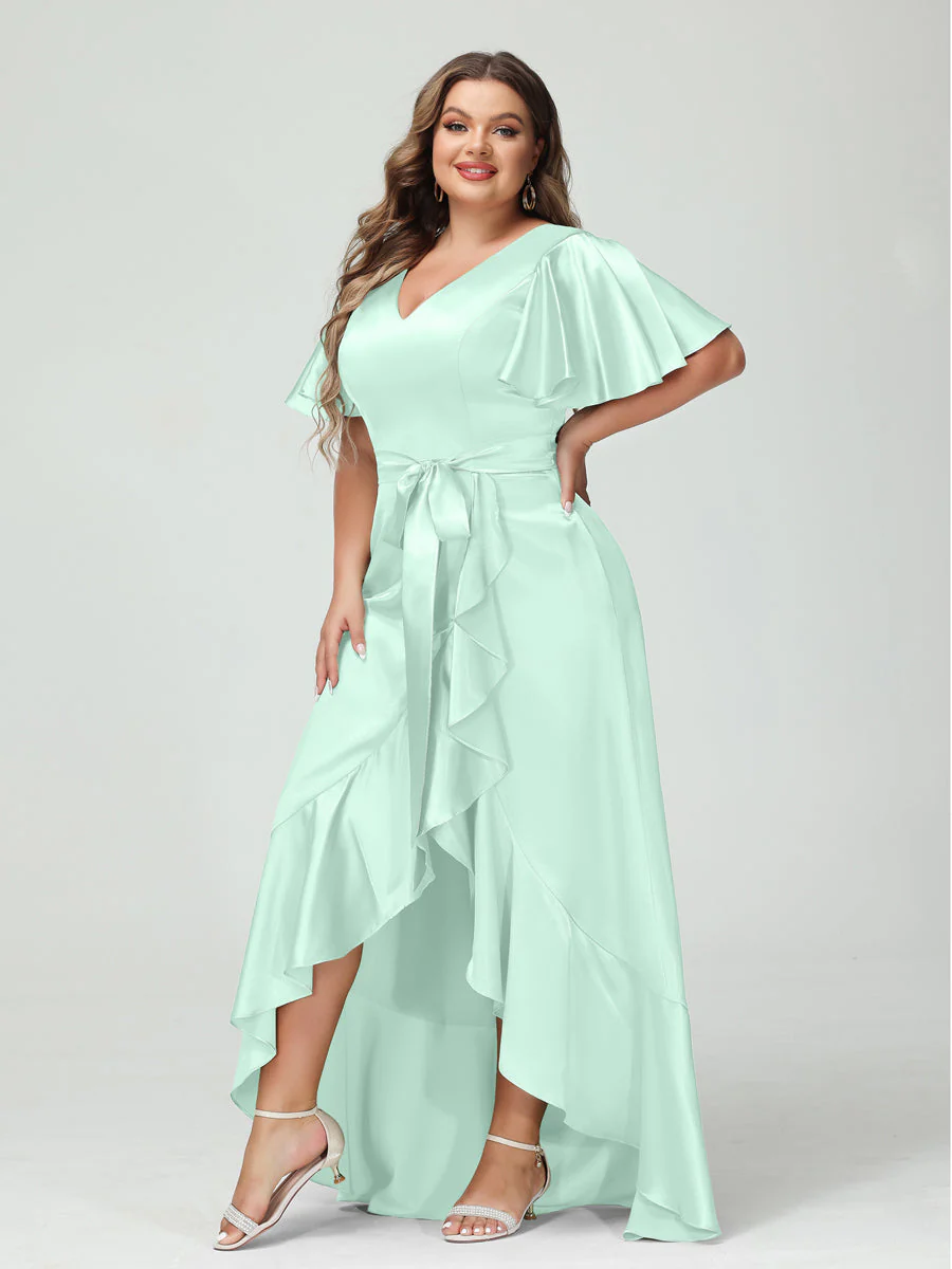 Sheath/Column V-Neck Short Sleeves Ruffles Asymmetrical Plus Size Dresses with Pockets & Sash - Image 46