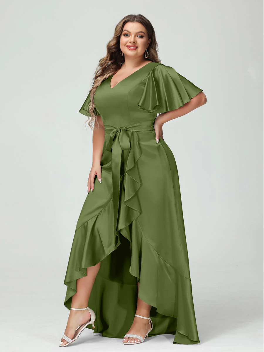 Sheath/Column V-Neck Short Sleeves Ruffles Asymmetrical Plus Size Dresses with Pockets & Sash - Image 49
