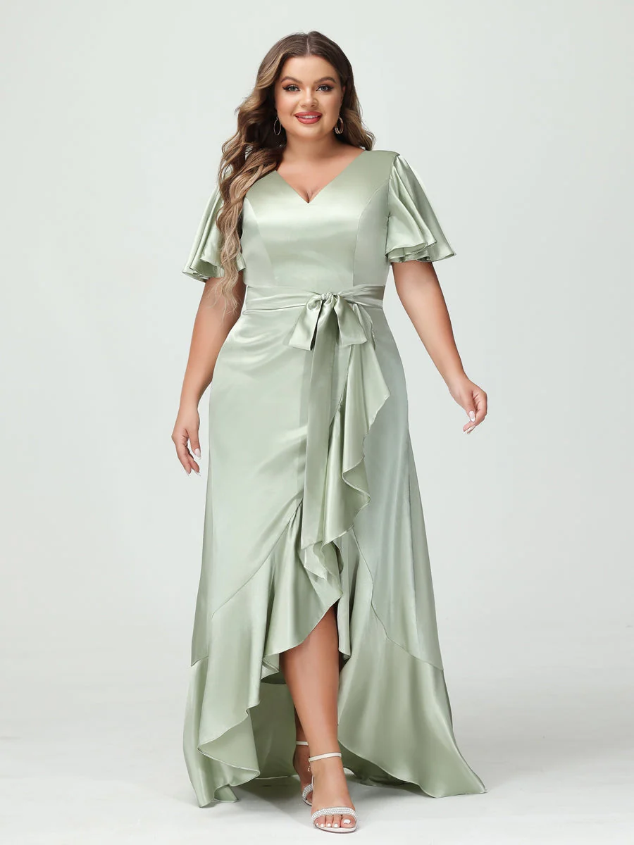 Sheath/Column V-Neck Short Sleeves Ruffles Asymmetrical Plus Size Dresses with Pockets & Sash - Image 6