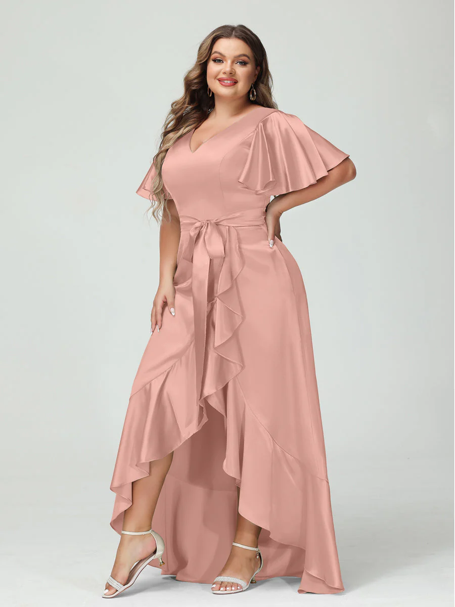 Sheath/Column V-Neck Short Sleeves Ruffles Asymmetrical Plus Size Dresses with Pockets & Sash - Image 8