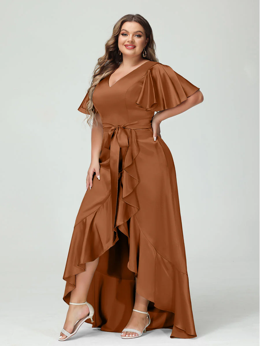 Sheath/Column V-Neck Short Sleeves Ruffles Asymmetrical Plus Size Dresses with Pockets & Sash - Image 9