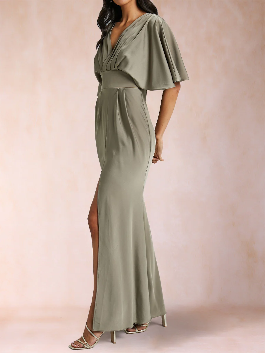 Sheath/Column V-Neck Short Sleeves Silk Satin Evening Dresses with Split Side - Image 3