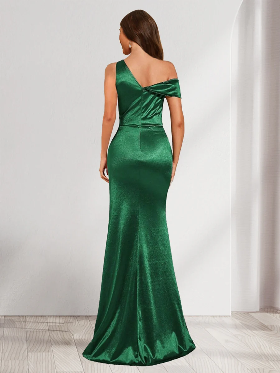 Sheath/Column V-Neck Sleeveless Floor-Length Ruched Satin Bridesmaid Dresses with Split Side - Image 2