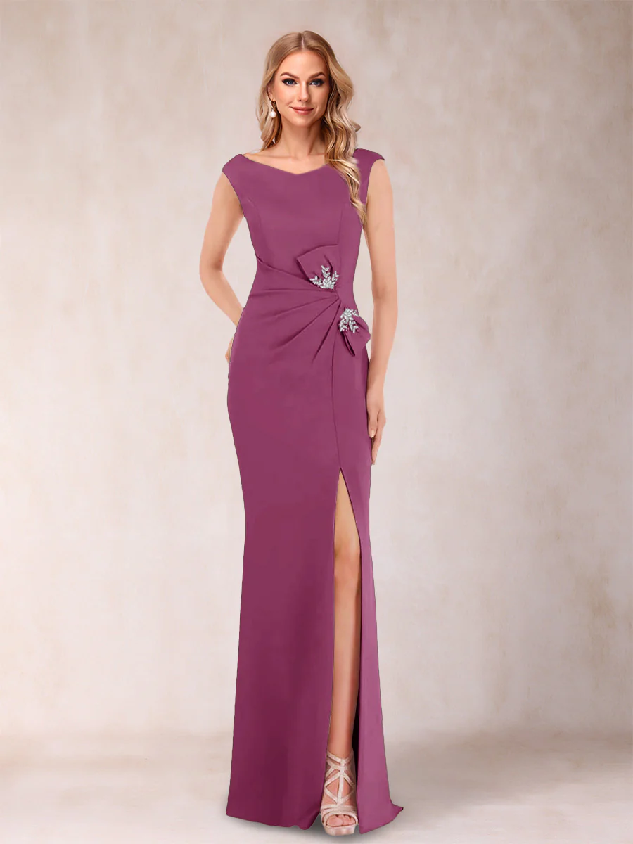Sheath/Column V-Neck Sleeveless Ruched Mother of the Bride Dresses with Split Side & Bow(s) - Image 44
